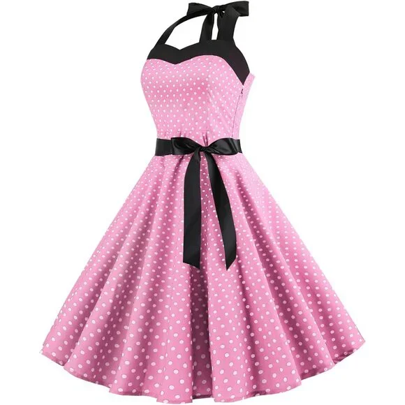 Vintage 50s Rockabilly Swing Dress Polka Dots Floral Halter A-Line - Picture 3 of 6
